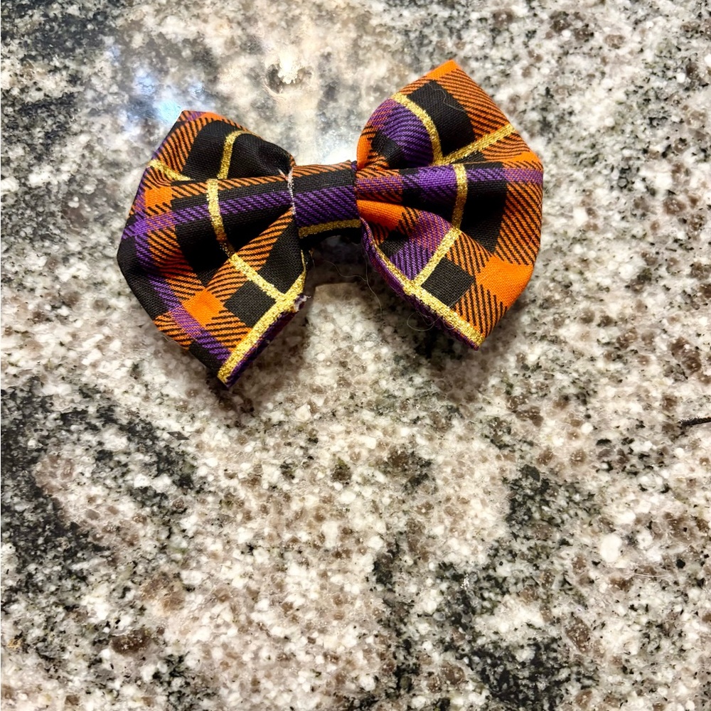 Stylish Purple and Orange Plaid bow tie for dogs and cats XS